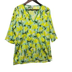 J Crew Women Coastal Tunic Top L Green Yellow Floral Lightweight Cotton Blouse